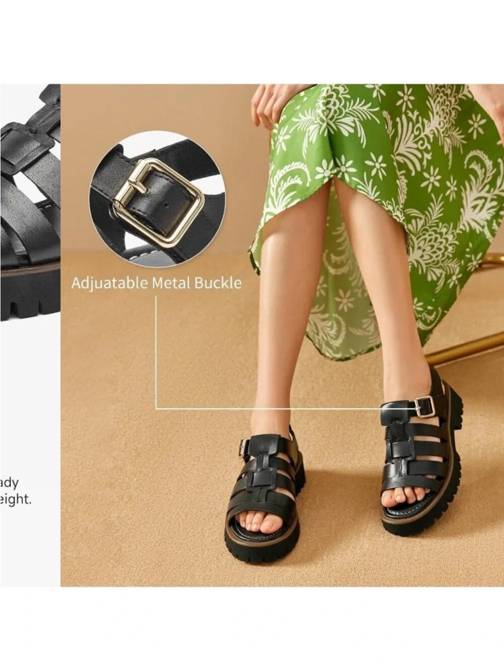 Women's Black Chunky Gladiator Open Toe Leather Platform Fisherman Sandal Shoes